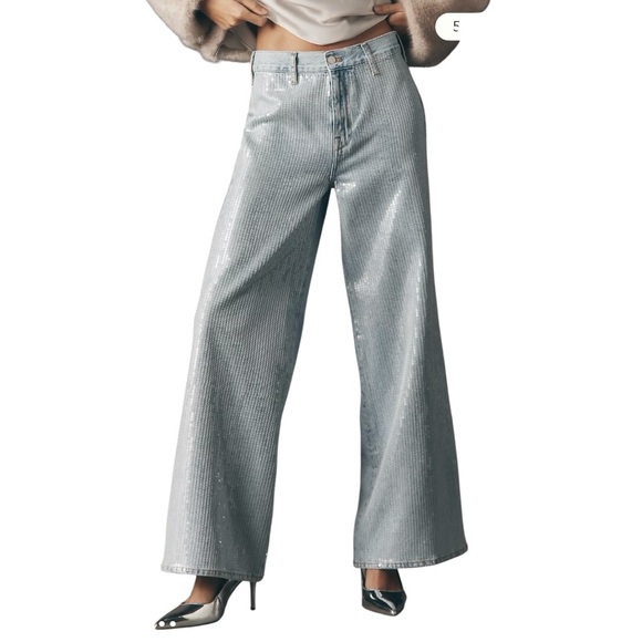 Pilcro Sequin Skater High-Rise Wide-Leg Jeans Size 28 In Light Denim Color - Picture 1 of 16